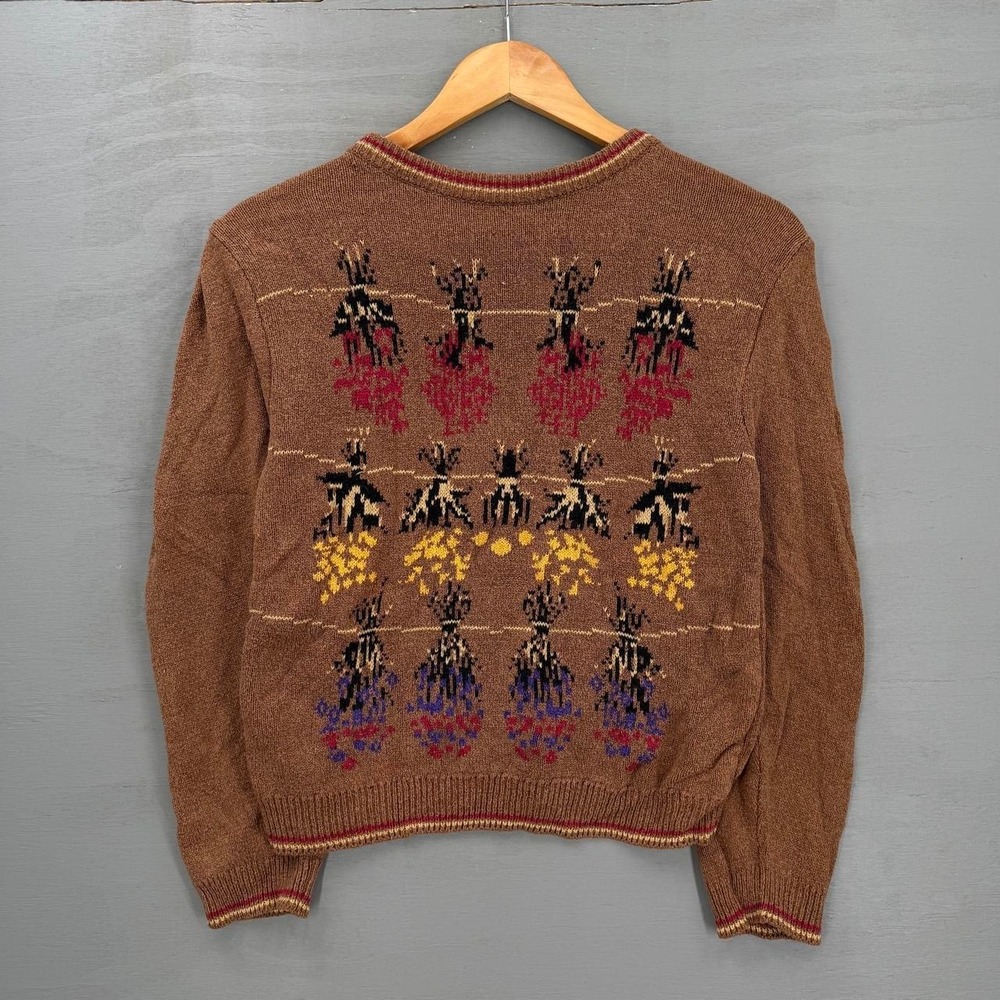 Jantzen Vintage Knit Sweater Brown Silk Blend Intarsia Puff Sleeve Small